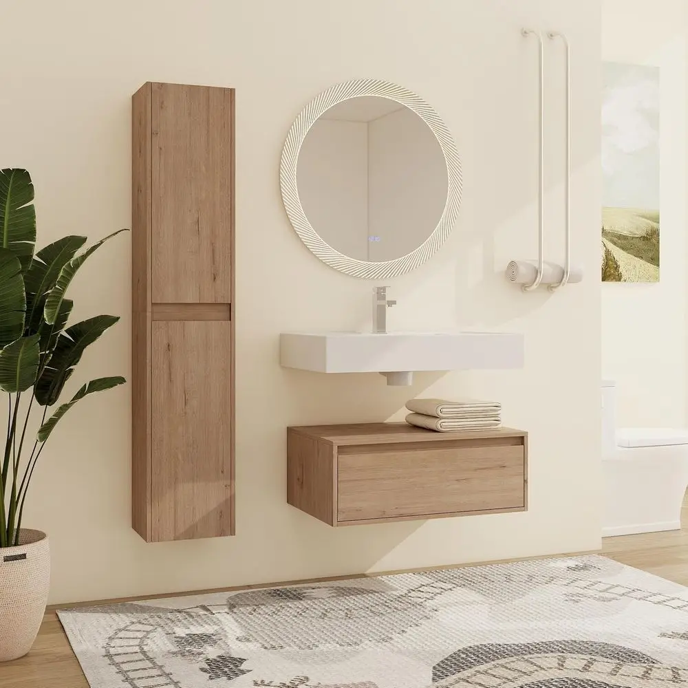 

30 Inch Wall-Mounted Brown Single Sink Vanity with Cabinet and Storage Shelves