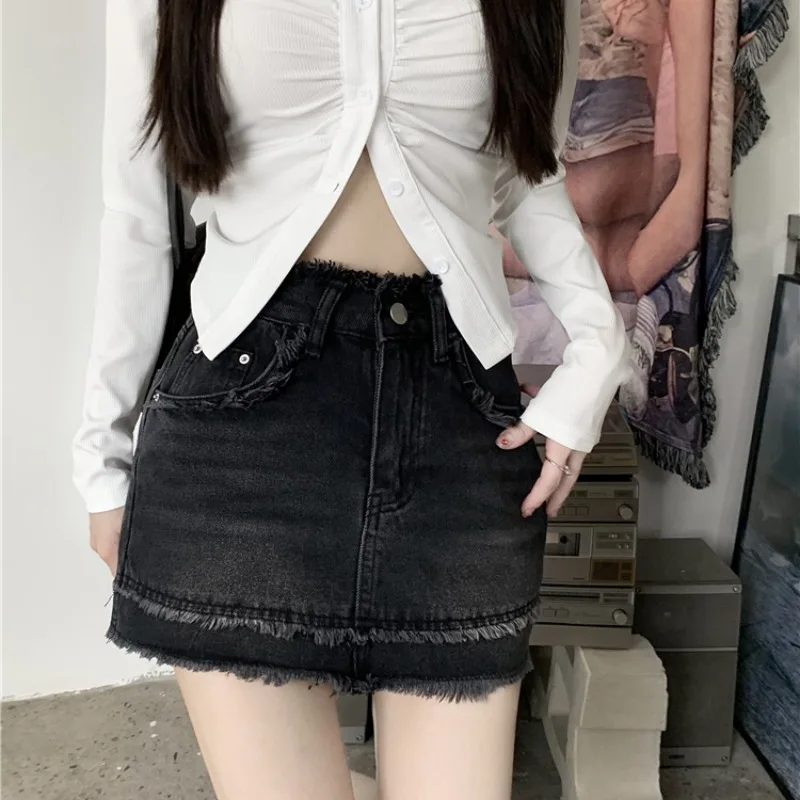 Retro Spicy Girl Plush Edge Denim Skirt Women's Summer New High Waist Slimming Versatile Anti Shining Wrap Hip Short Skirt Trend