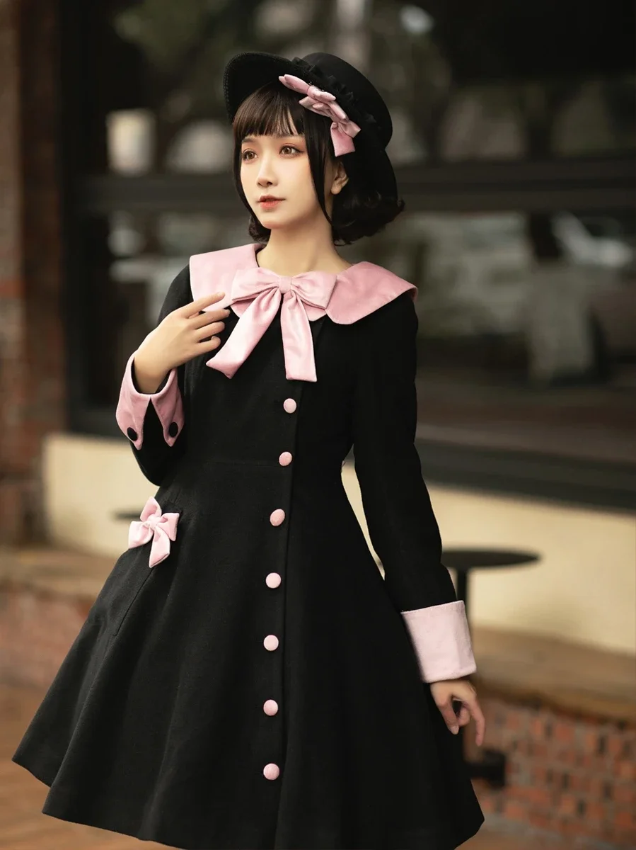 Autumn Winter Lolita Black Wool Coat Women's French Vintage Slim Fit Elegant Fashion Long Coat Lady Girl Sweet Overcoat Dress