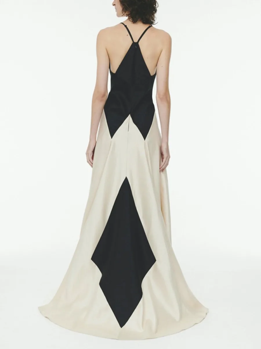 Freeacy レディース ドレス 2025 新作 コントラストカラー スパゲッティネック Aライン プリーツ マキシ丈ワンピース エレガント イブニングドレス ウェディングドレス