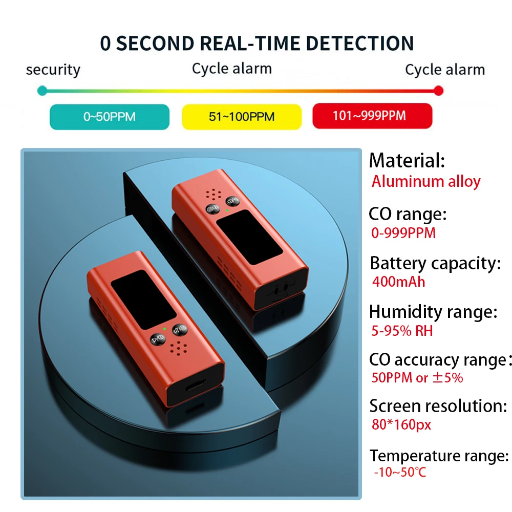 휴대용 일산화탄소 감지기 CO 감지기 알람 온도 습도 센서, 실내 및 여행용 공기질 테스터 도구, 3 in 1