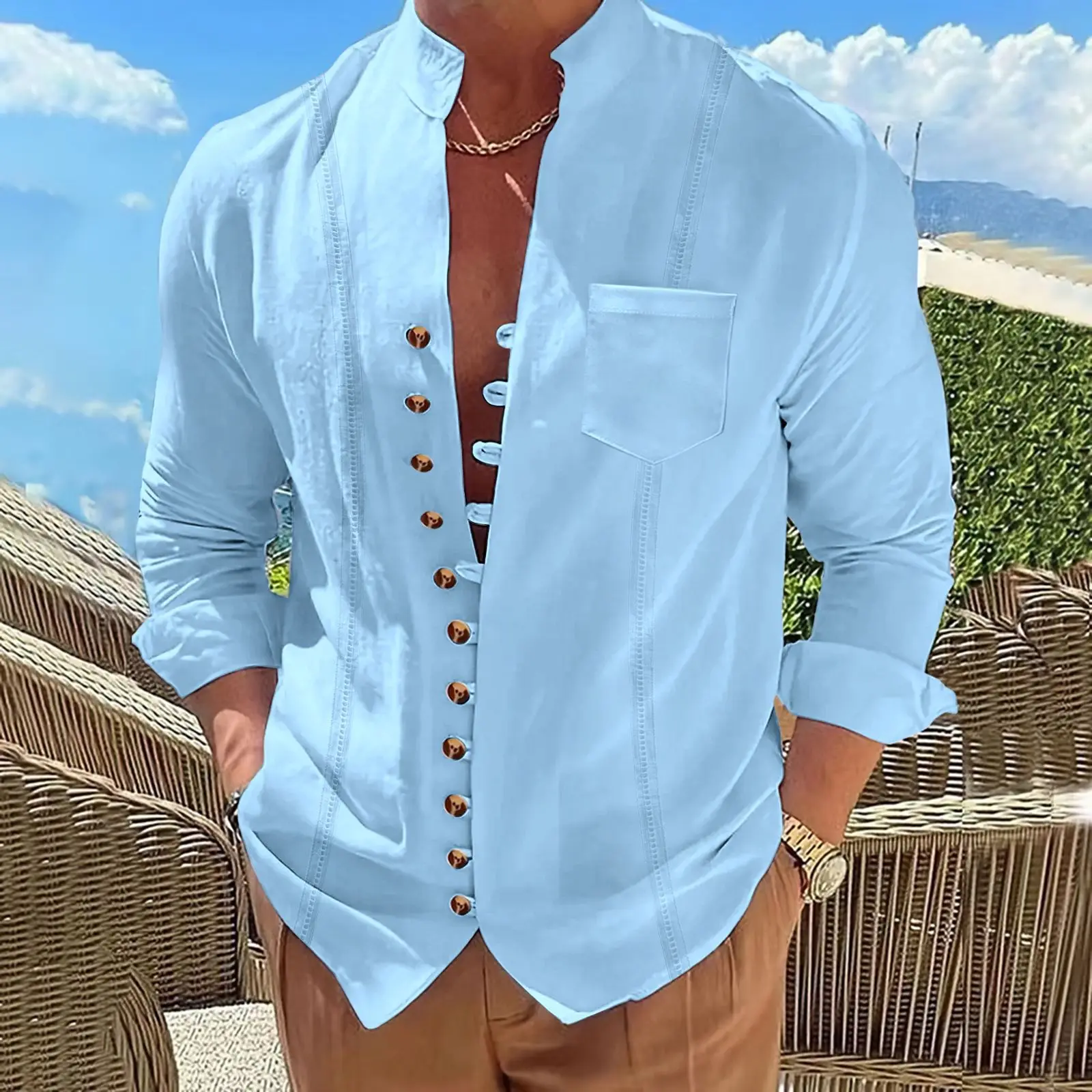 2026 Men's New Cotton and Linen Pocket Retro Stand-Up Collar Long-Sleeved Shirt Casual Multi-Button Solid Color Striped Cardigan