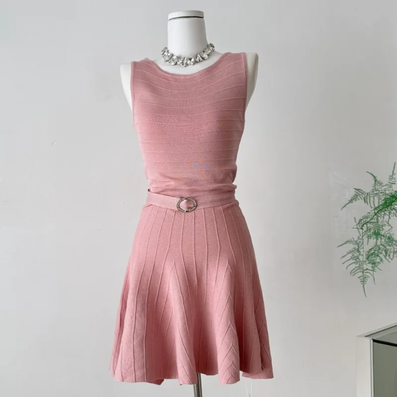 

Women Pink Sleeveless Elastic Knit Dress with Belt Fashion Simple Joker White Elegance French Vest Lady Short Dress Summer