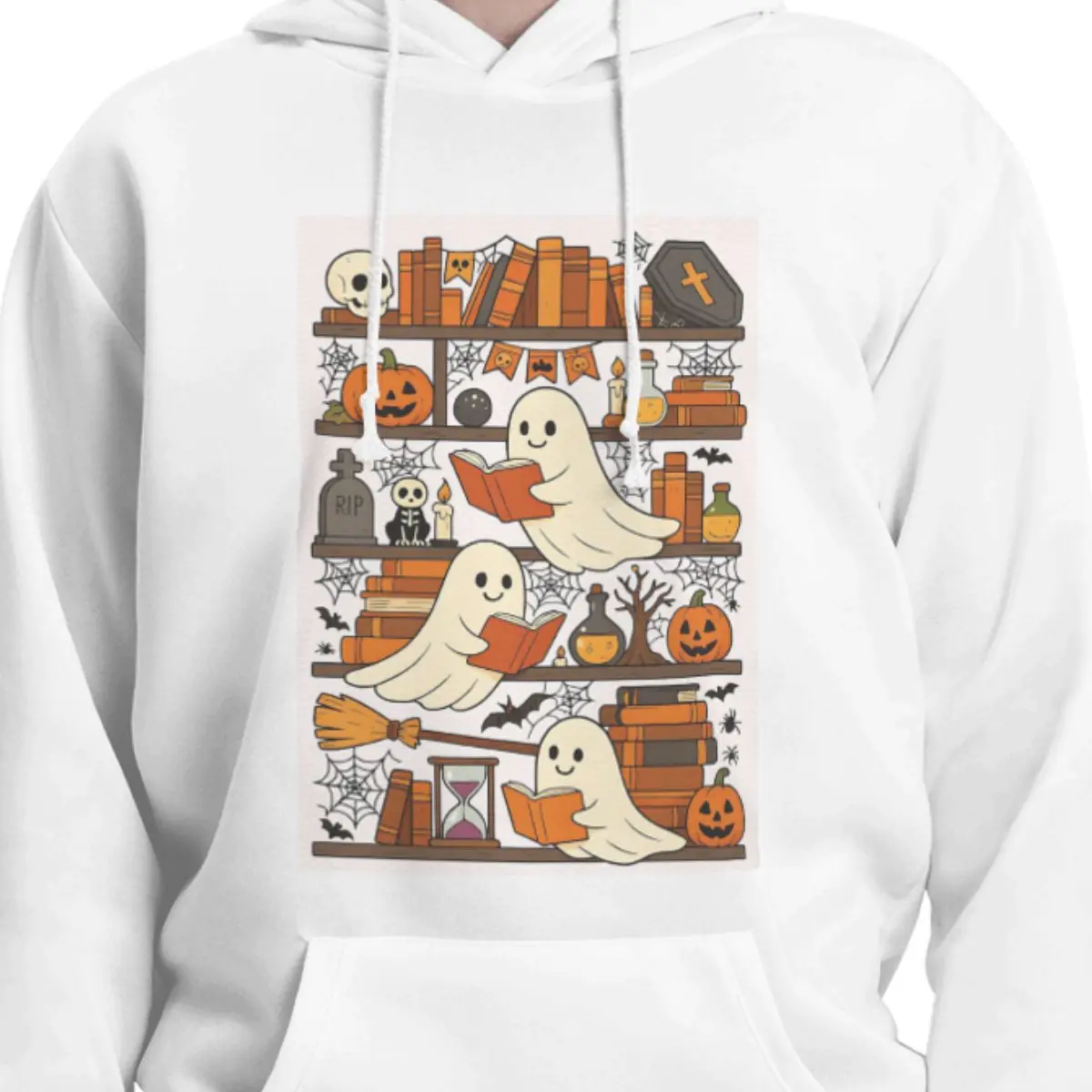 Halloween Ghost Bookshelf Library Book Hoodies Men's Women Casual Pullover Sweatshirt Hip Hop Long Sleeve Clothing Autumn Winter