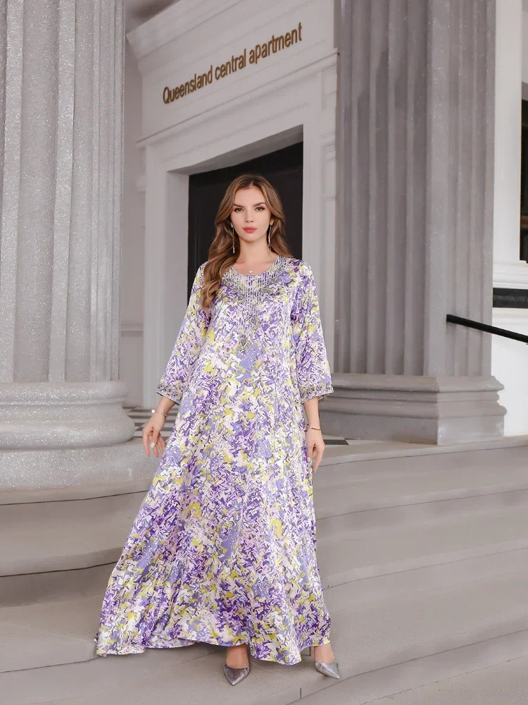 Eid Muslim Women Party Dresses Abaya Jalabiya Diamond Ramadan Morocco Dubai Abayas Kaftan Islam Vestidos Arab Printing Robe 2024