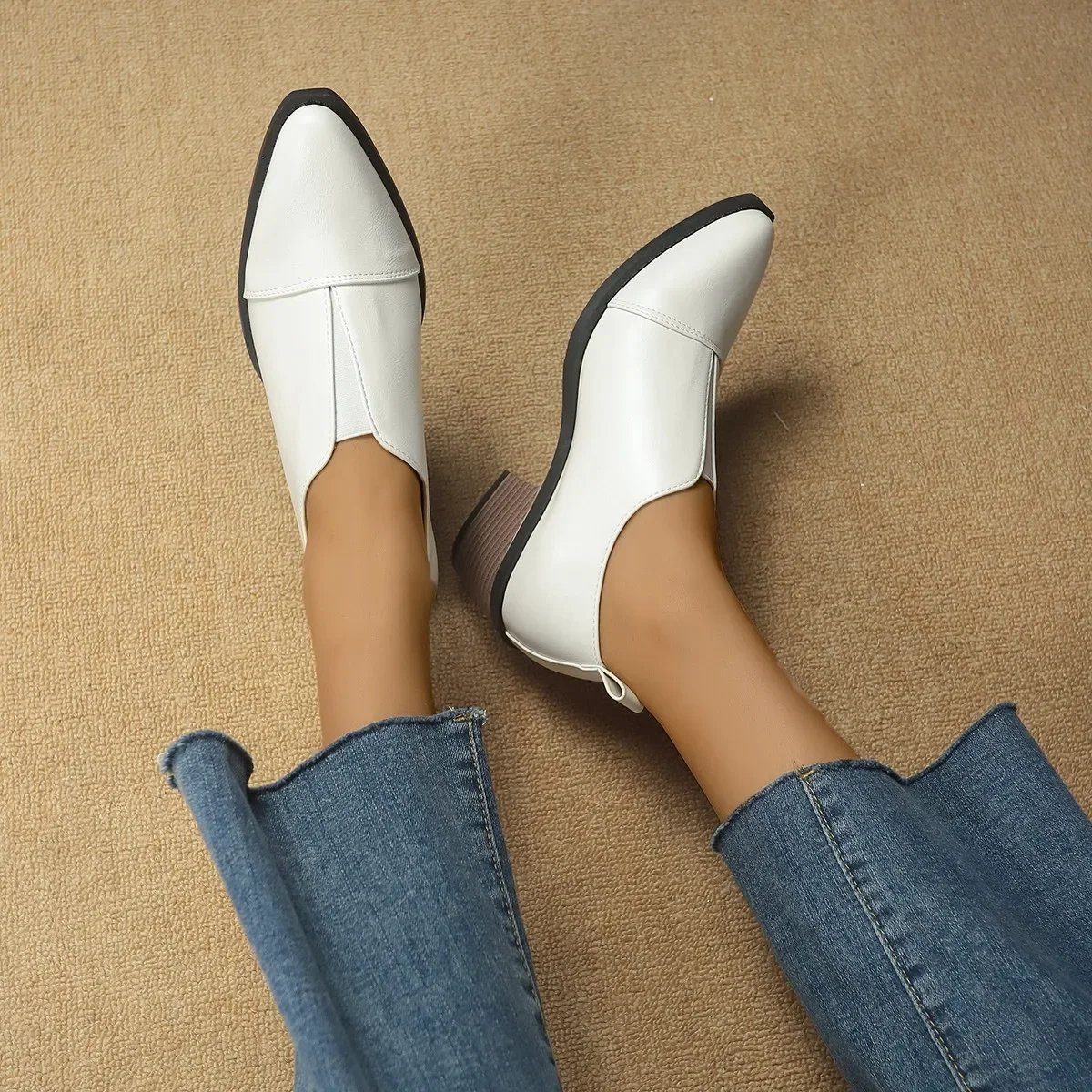 Women's Shoes Spring and Autumn New Block Heel Shoes Pointed Toe Cover Foot One Foot Fashion Lightweight Plus Size Single Shoes