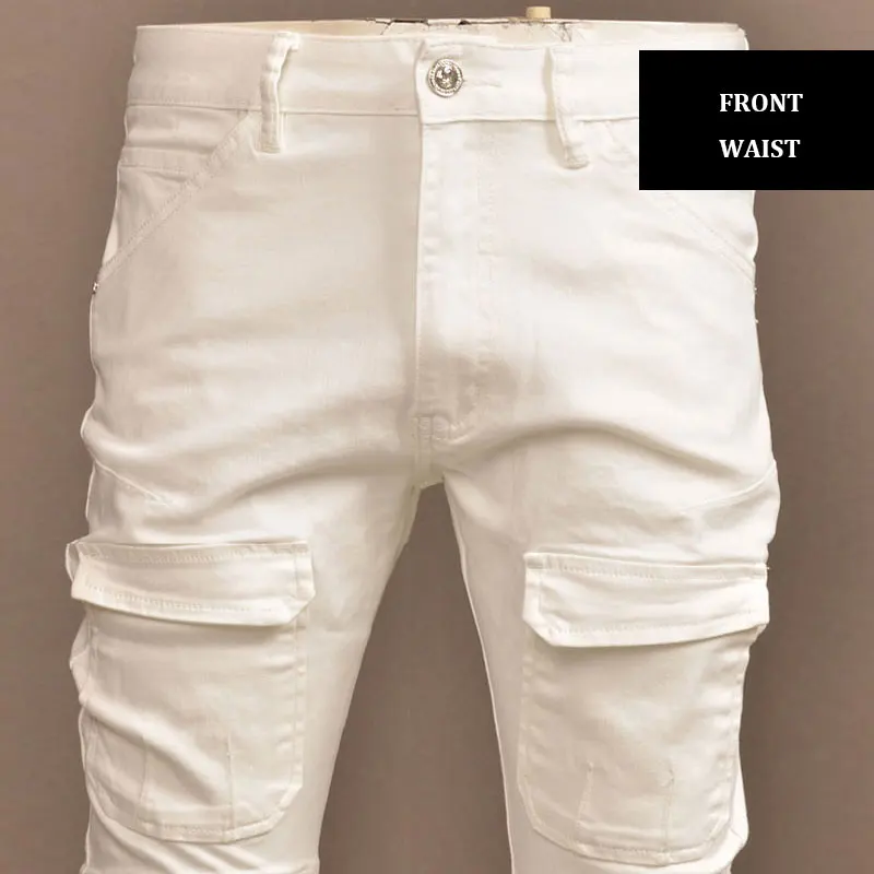 Streetwear Fashion Men Jeans White Stretch Skinny Fit Hip Hop Jeans Men Multi Pockets Designer Casual Denim Cargo Pants Hombre