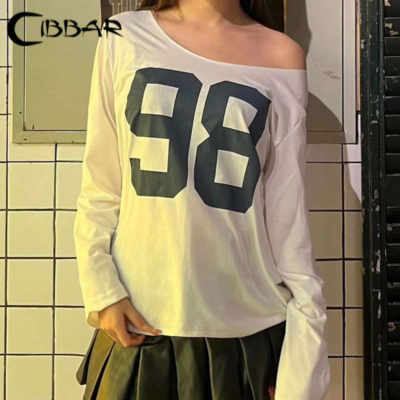 

CIBBAR Oversized Digital Print T Shirt Asymmetrical Off-shoulder Loose T-shirts Korean Style Streetwear Casual Full Sleeve Tees