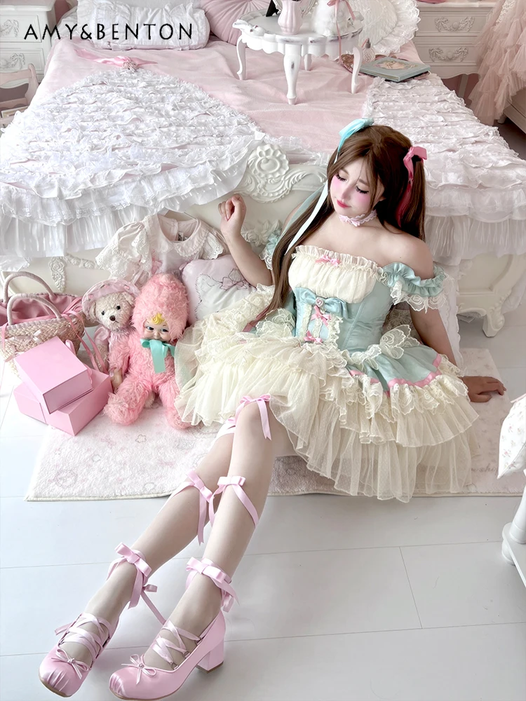 Sweet Girl Ballet Temperament Ball Gown Dress Sweet Lolita Princess Mini Dress Cute Bow Ruffle Edge Slim abiti multistrato