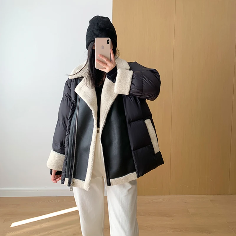 Winter Motorcycle Jacket Women High Street Lamb Leather Patchwork 90% White Duck Down Coat Lady Thick Warm PU Outwear