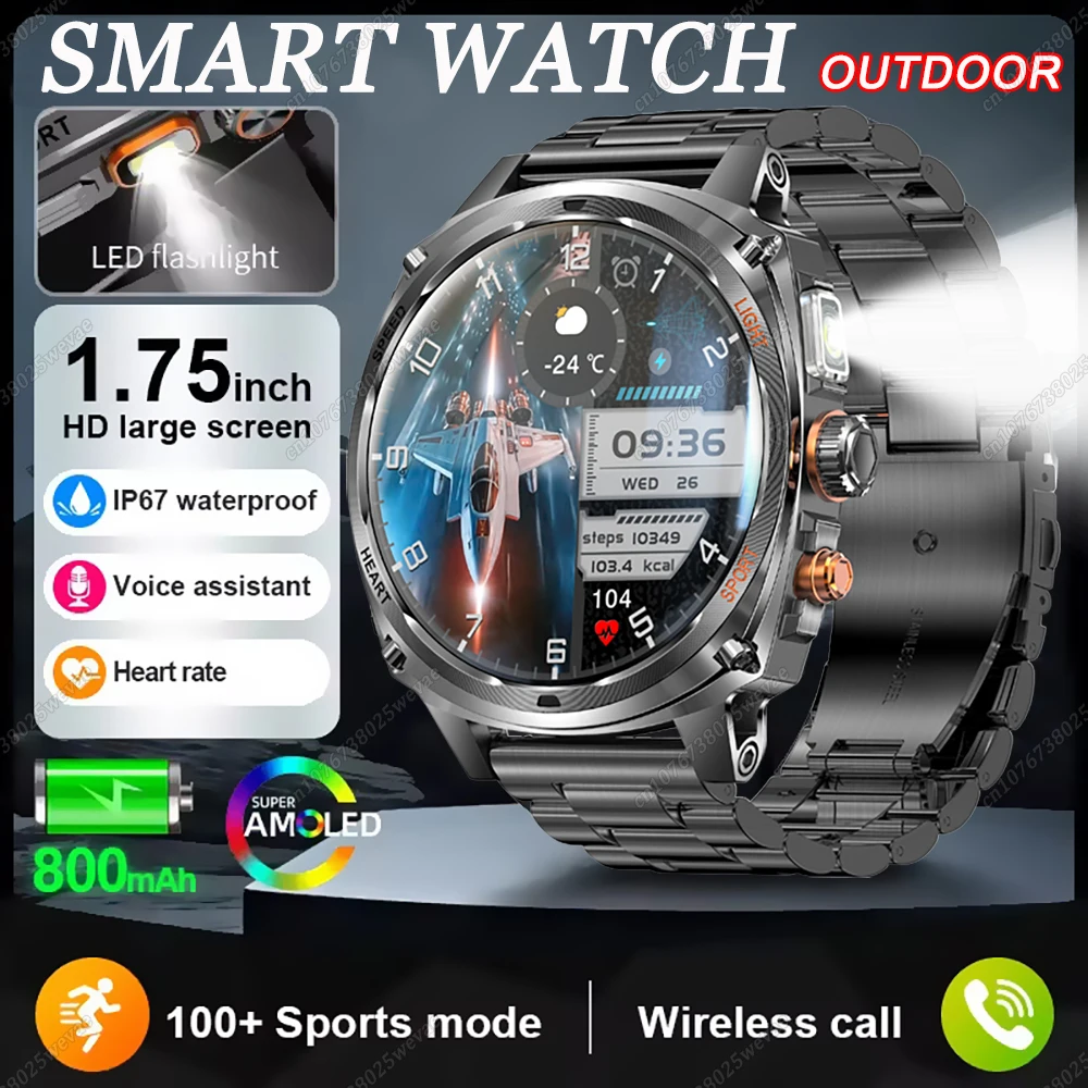 

Военные 1,75-дюймовые AMOLED-экраны, умные часы, мужские уличные светодиодные фонарики, аккумулятор 800 мАч, BT-вызов, GPS-трекер, водонепроницаемые умные часы