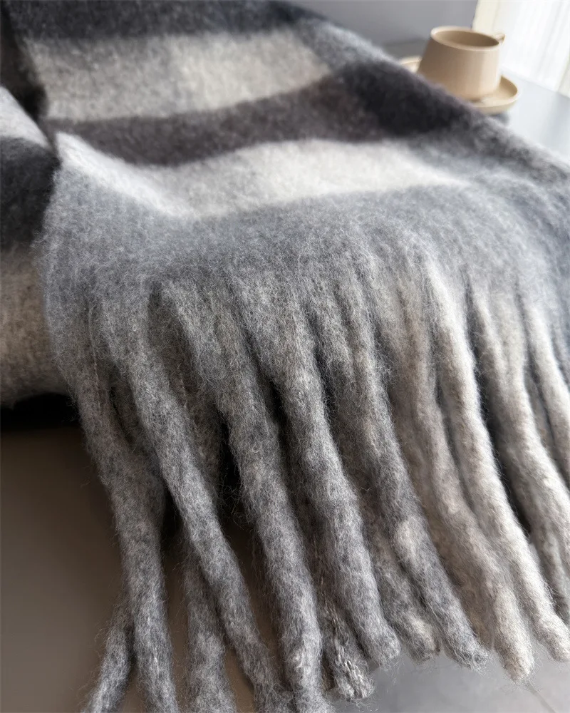 Warmer Dicker Winterschal für Damen, Mohair, Kariert, Weicher Quastenschal, Pashmina, Großer Halsdecken-Schal – Detail 39