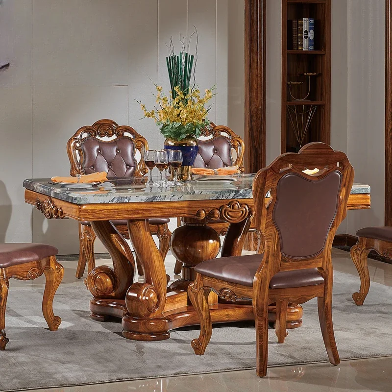 Carved luxury dining table with solid wood and natural marble long