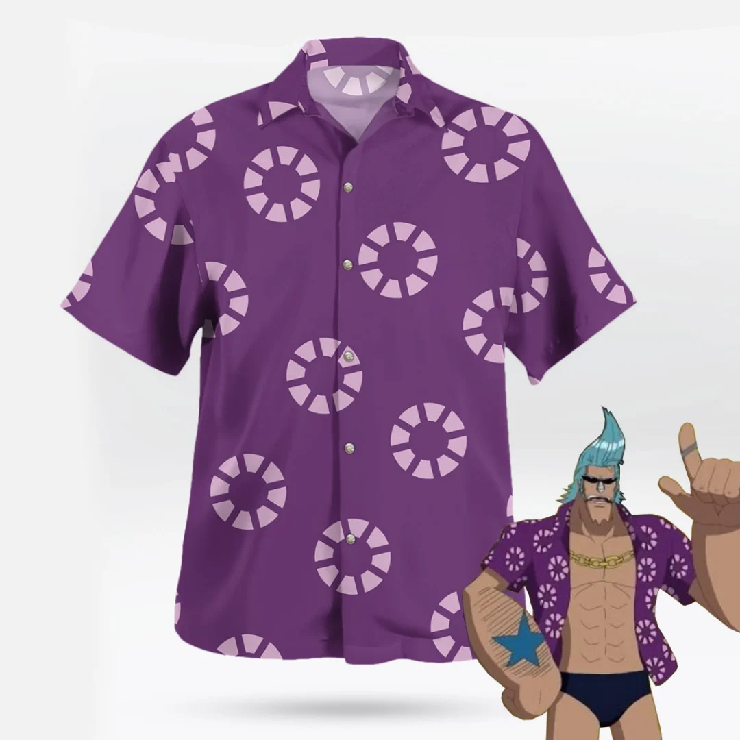 One Piece Purple Franky Hawaiian Shirt in Sabaody Archipelago Summer Leisure Men's T-Shirt Children's Clothing Tee Y2k Woman