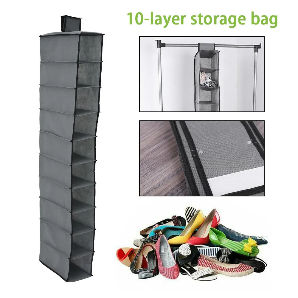 10-Shelf Hanging Shoe Organizer Multifunctional Household Foldable Wardrobe Hanging Storage Bag for Shoes Underwear Clothes