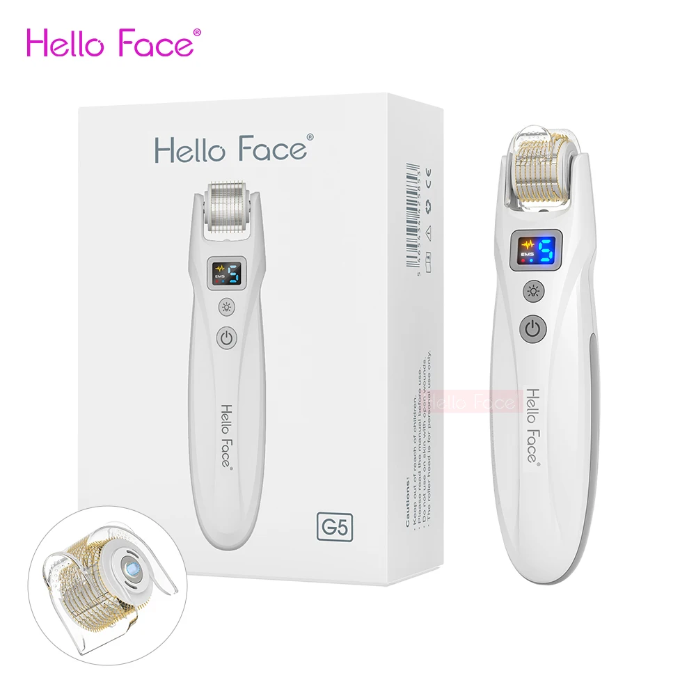 

Hello Face EMS Derma Roller Titanium Needle 540 Roller Micro current Vibrate LED Device with 2 Roller Head Bio Roller G5