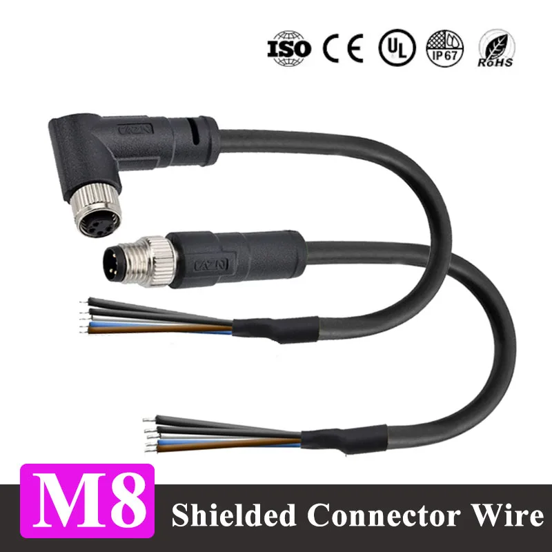 Waterproof M8 Shielded Connector Cable 3 4 5 6 8 Pin Aviation Plug Wire IP67 3A 30V Male Female Elbow/Straight Head with Line