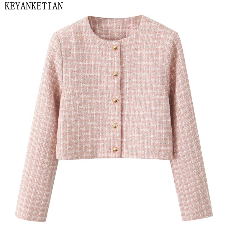 KEYANKETIAN 2024 Autumn/Winter New Women's Wool Tweed Plaid Cropped Suit Office Lady O-Neck Single Breasted Straight Crop Blazer