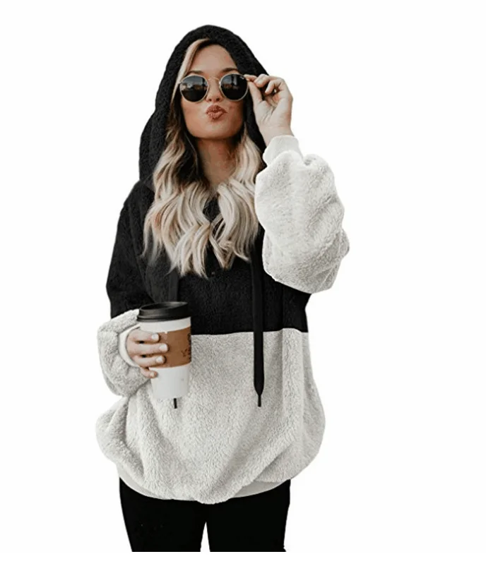 Casual Loose Plush Leopard Patchwork Hoodies Women Zipper Tops Long Sleeve Drawstring Hooded Sweatshirt With Pockets plus new