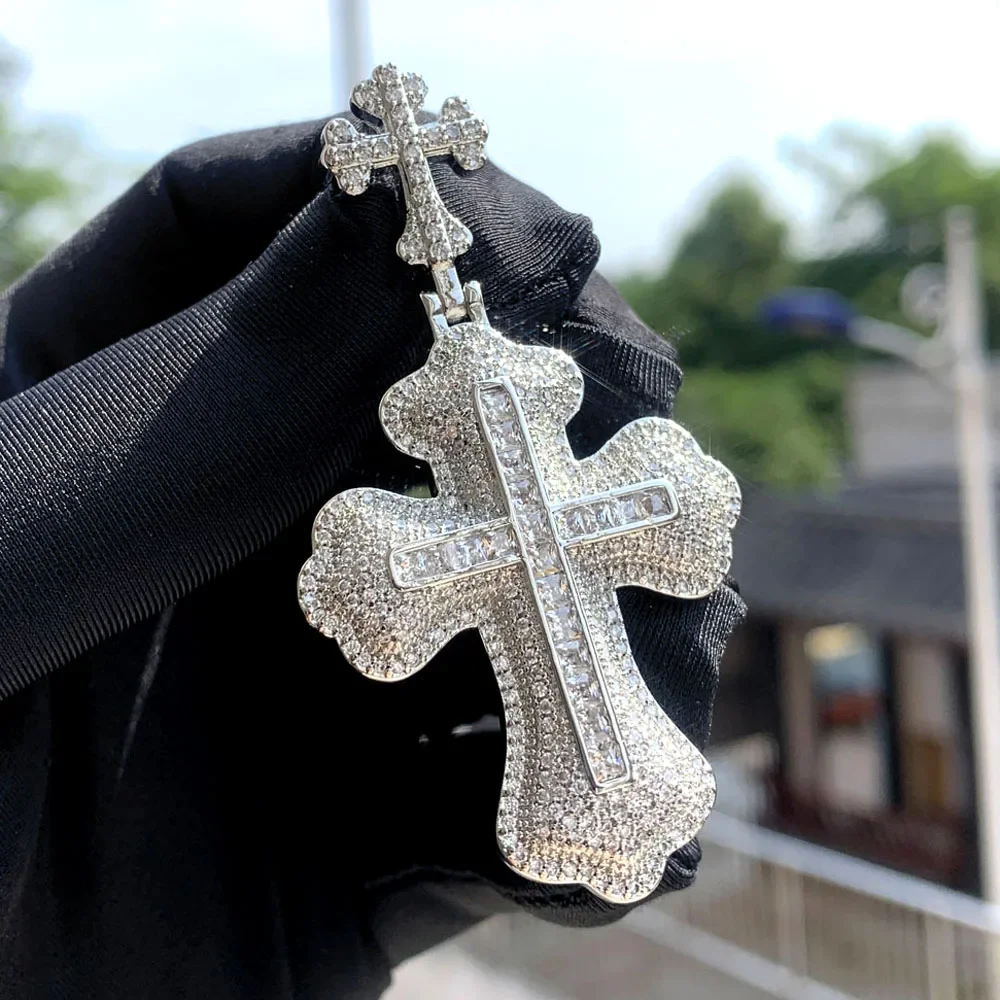 2025 novo iced out bling cz dupla cruz pingente colar completo pavimentado zircão cúbico cor de ouro hip pop masculino legal jóias