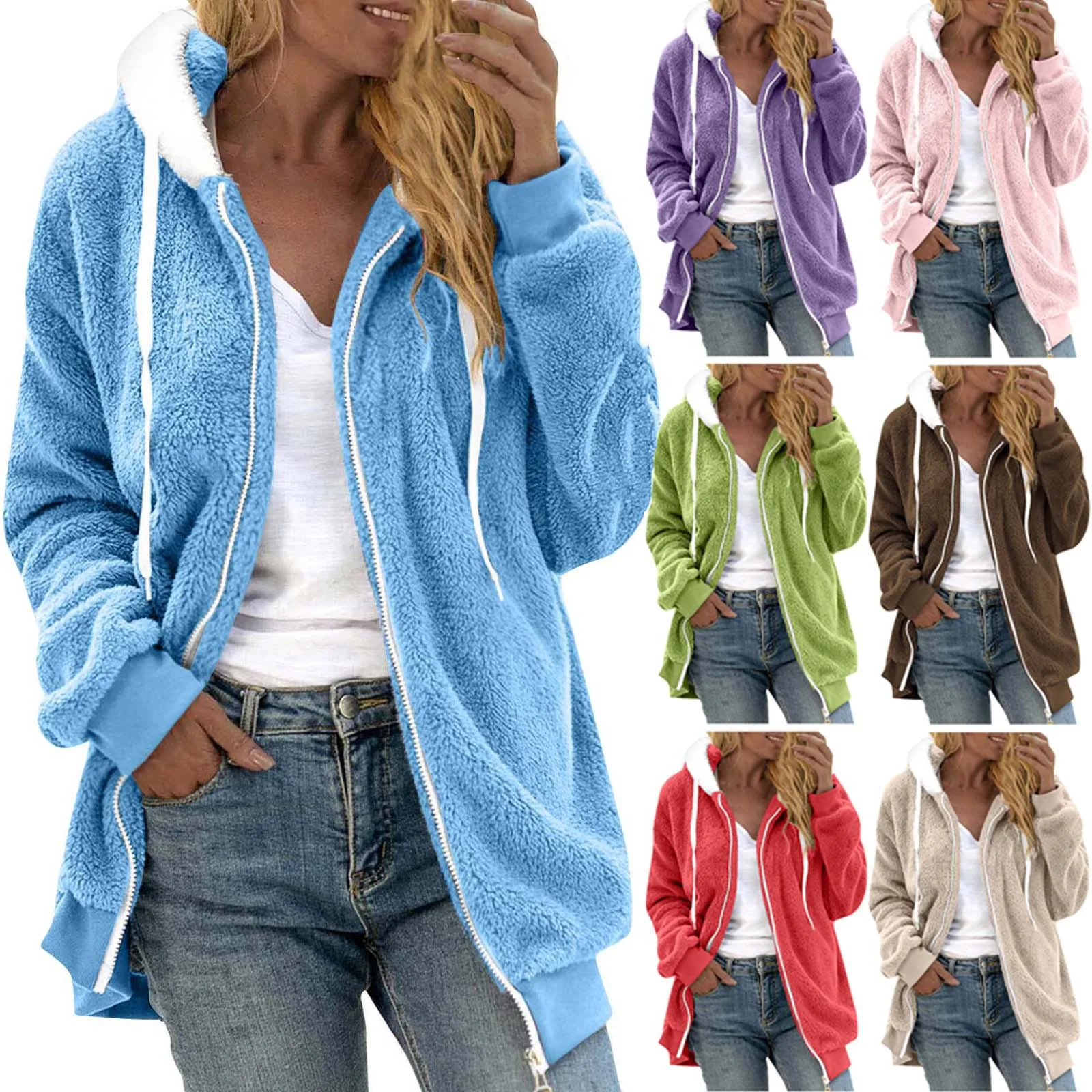 Women Fuzzy Fleece Hooded Jacket Full Zip Drawstring Hoodie Long Sleeve Pocket Warm Casual Plush Outerwear Coat