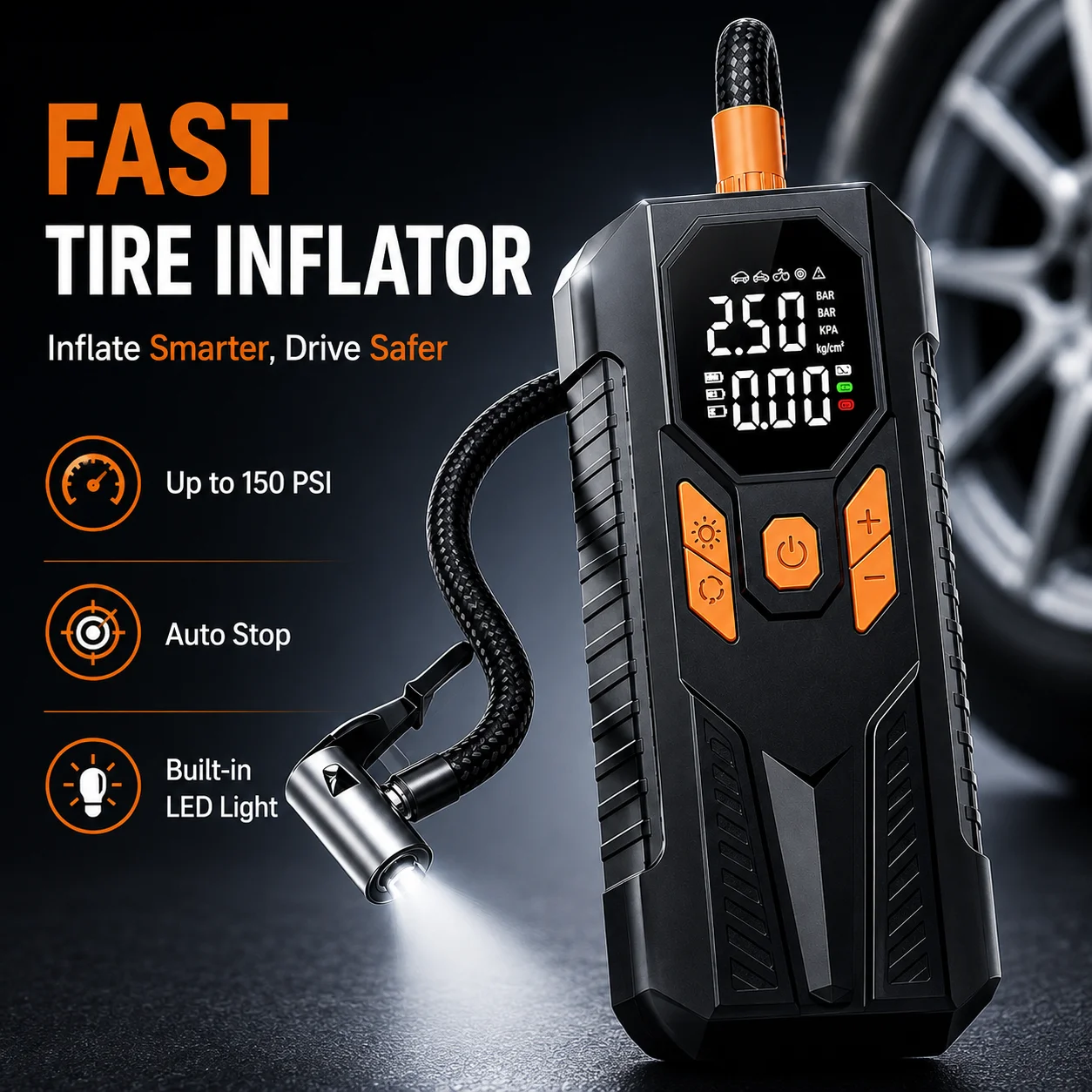 150PSI Portable Tire Inflator Cordless Air Pump, 12V Car Power & Battery Powered Digital Compressor for Car Bike Ball