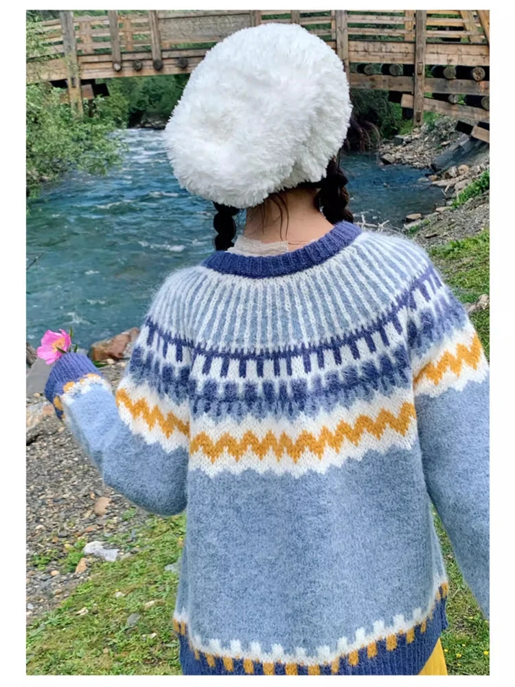 106cmBust FallWinter الأزرق البلوز سترة المرأة أنيقة فضفاضة خمر أيسلندا معرض جزيرة س الرقبة طويلة الأكمام الصوف محبوك سترة