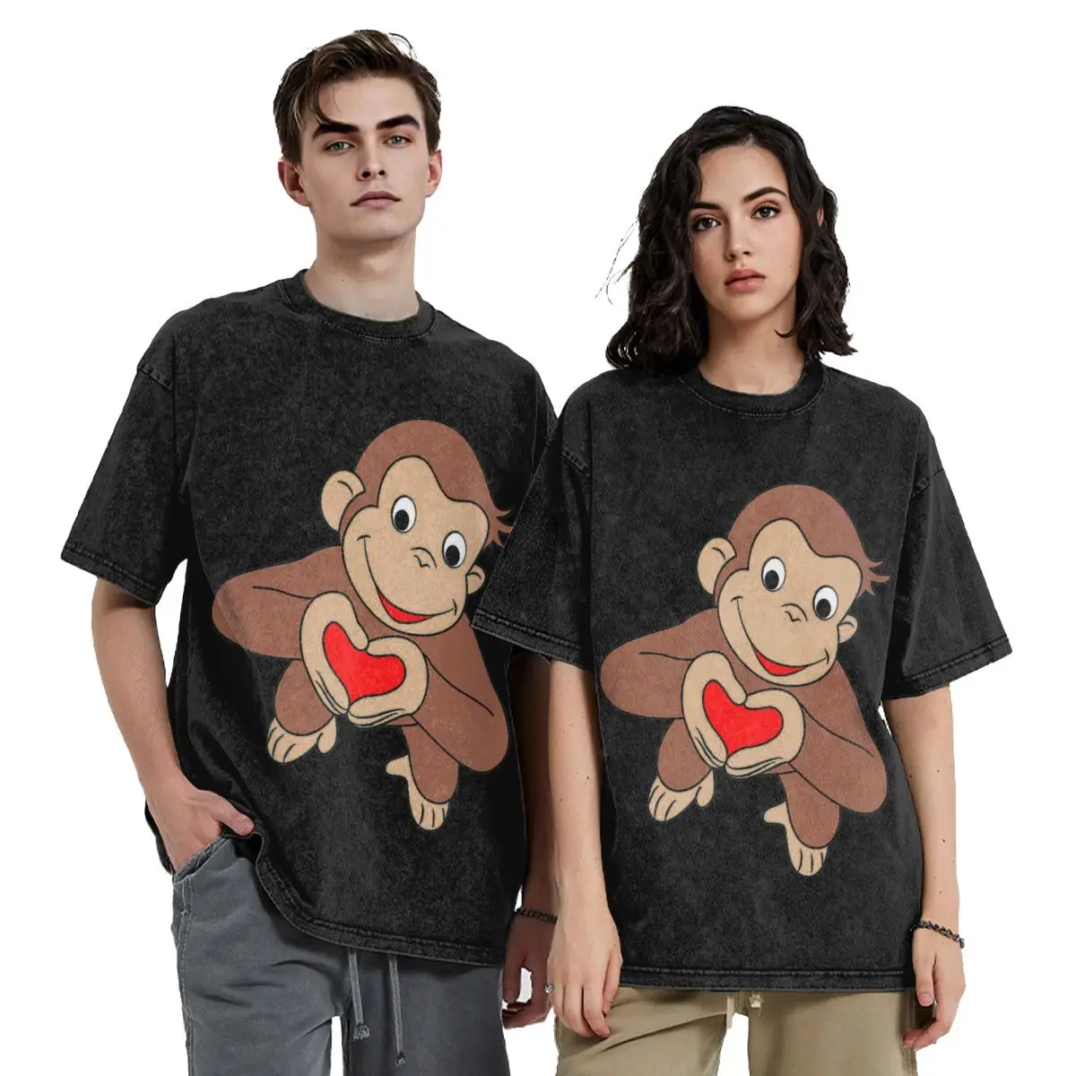 Curious George Is All Heart Hip Hop Short Sleeve T-Shirts Washed Tops Tees Streetwear T Shirt Vintage for Men Women