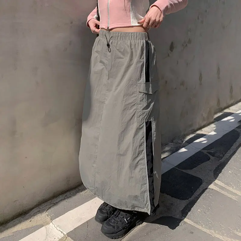 Saia longa de cintura alta Harajuku feminina, saias de carga, bolsos combinando cores, streetwear vintage, Y2K, verão