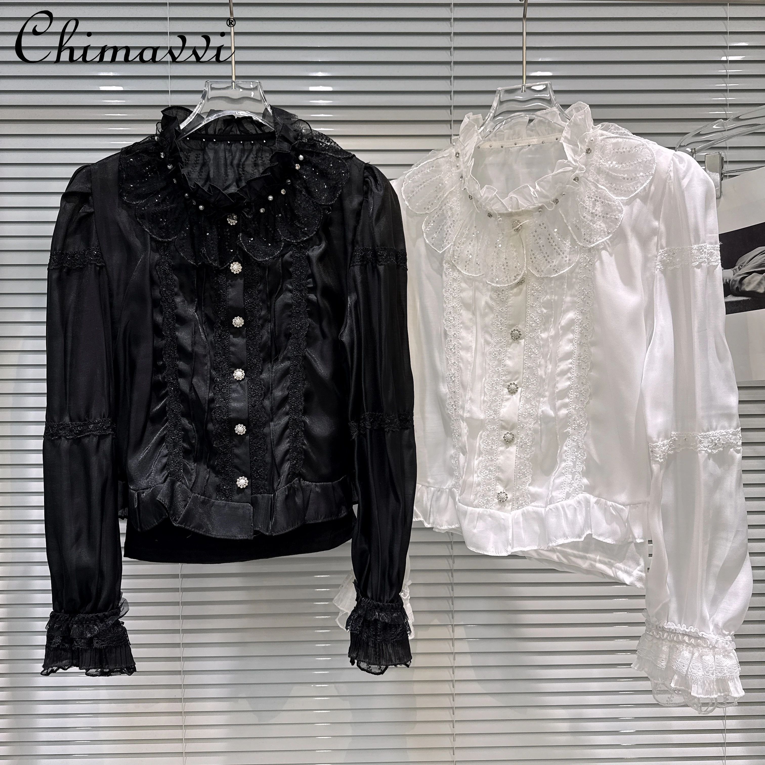 

Французская милая элегантная однобортная белая рубашка с воротником-стойкой и длинными рукавами, бриллиантами и блестками, кружевная вышивка, топ для женщин