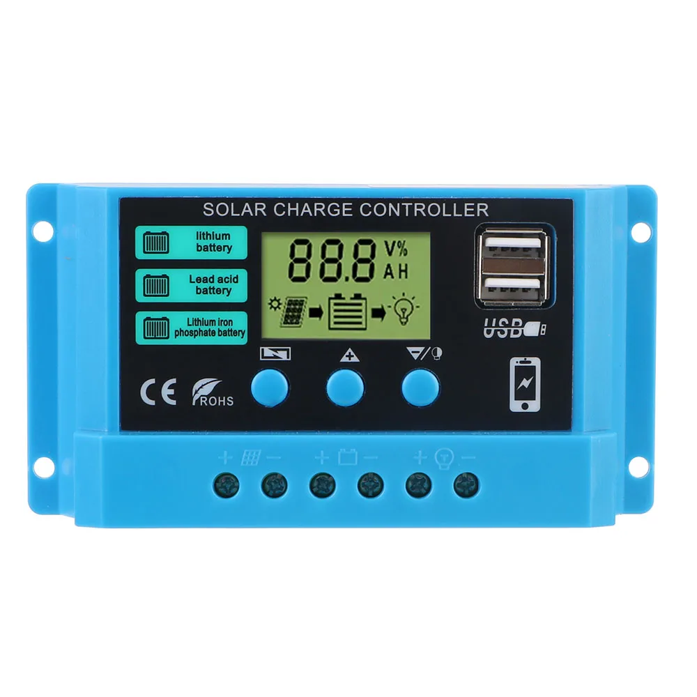 Solar Controller PWM Battery Charger Dual USB 30A 20A 10A Solar Regulator LCD Display 12V/24V Auto 5V Output