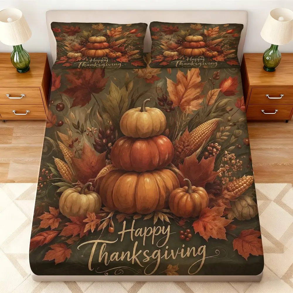 Pumpkin Harvest Bedding Set Thanksgiving Theme Decorative Bedding, Mattress Protector, Suitable Gift, Three-Piece Bedding Set (Includes 1 Fitted Sheet + 2 Pillowcases), Large Capacity Deep Bedding Mattress Protector, Fitted Elastic Style Protector, Mattress Protector, Machine Washable Design, Holiday Decoration, Various Sizes, Breathable Protector with Pillowcase