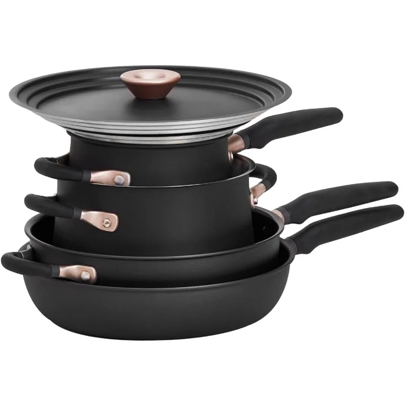 Accent Serie - Hard Anodized Nonstick and Stainless Steel Pots and Pans / Essential Cookware Set, 6 Piece, Matte Black