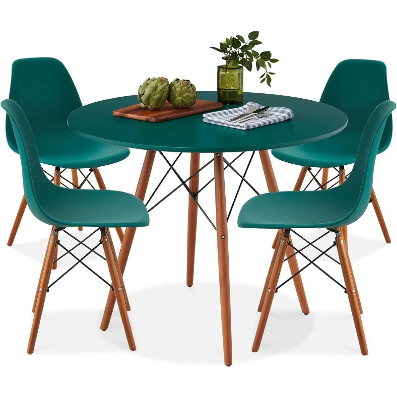 5-Piece Dining Set, Compact Apartment w/ 4 Chairs, Plastic Seats, Wooden Legs, Metal Frame - Dark Green/Walnut