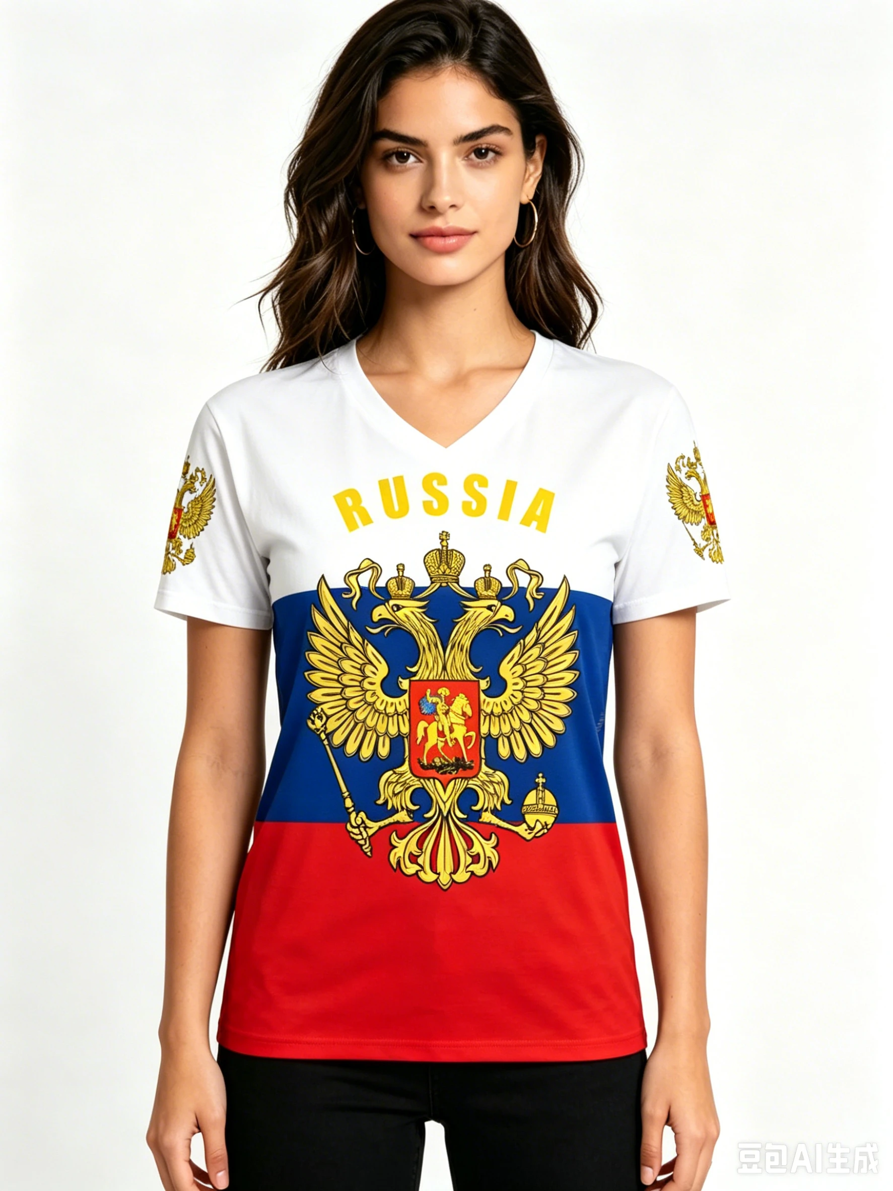 Russia National Emblem Pattern T Shirt For Women Summer Fashion V-neck Short Sleeve Tees Casual Loose Tops Trend Female Clothing