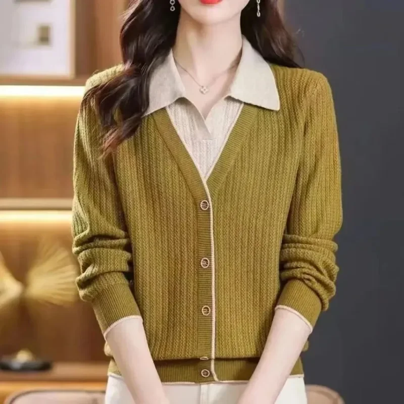 New Spring Autumn Lapel Fake Two-piece Sweater Bottoming Knitted Style Slim Fit Versatile Top Women