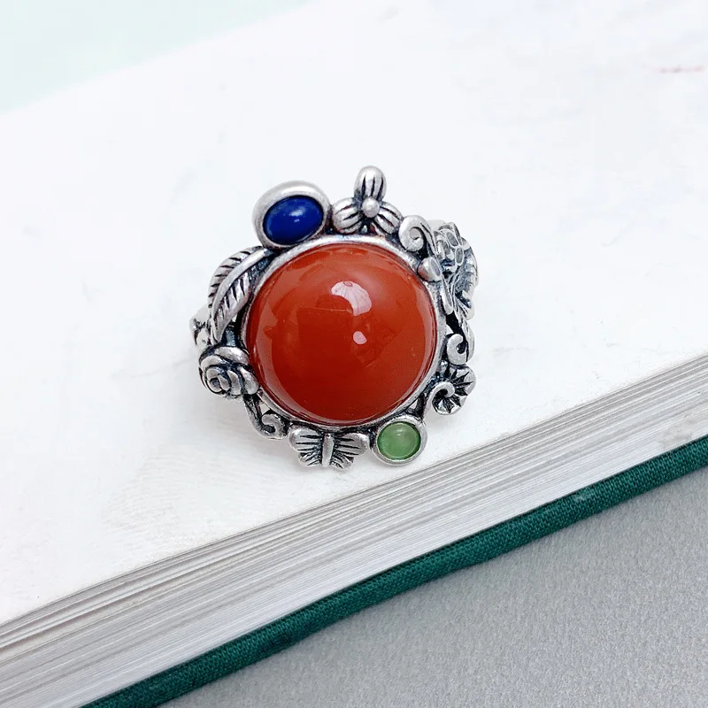 Vintge 925 Silver Round Red Agate Adjustable Ring for Women Girls Ethnic Style Flower Branch Finger Rings Jewelry Wholsale JZ130