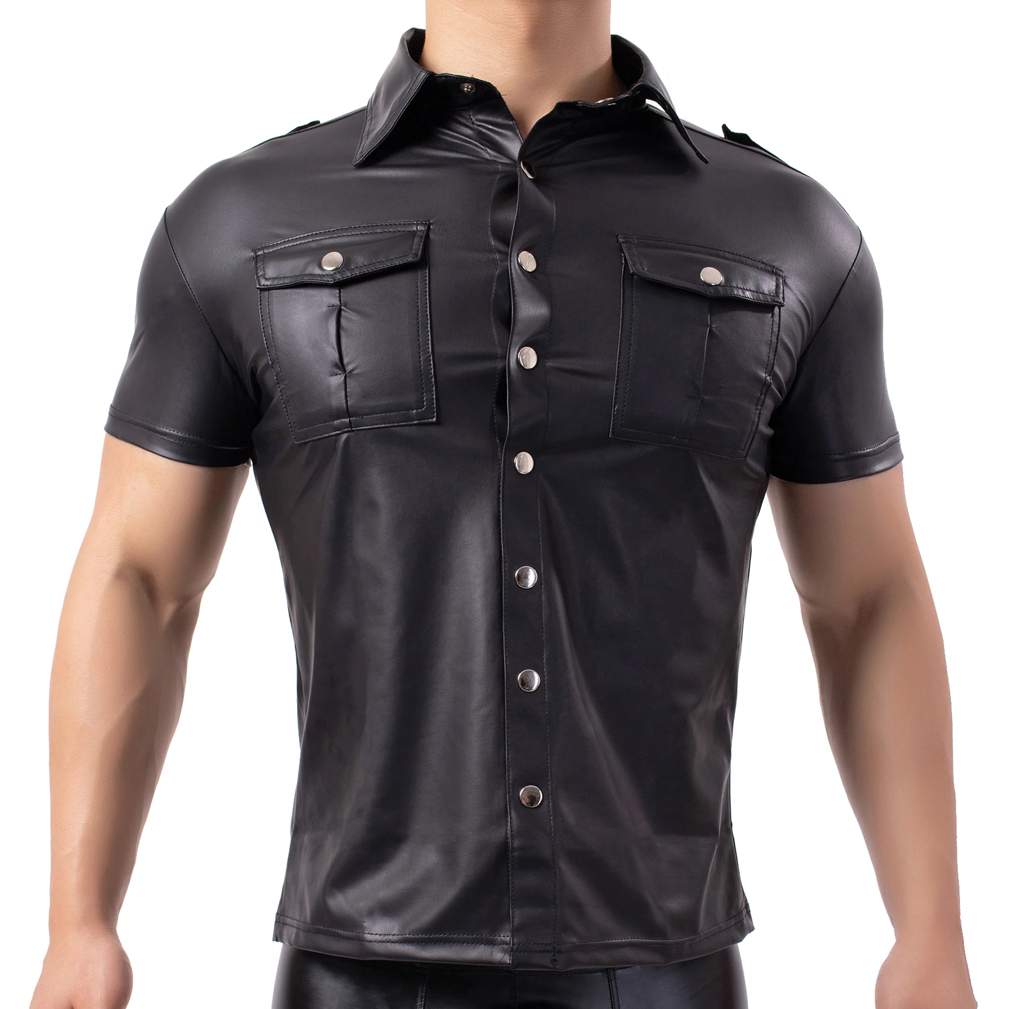 Mens Imitation Leather Shirt Nightclub Stage DS Performance Clothes Sexy Wetlook Button Up T-Shirts Clubwear Latex Fetish Shirts