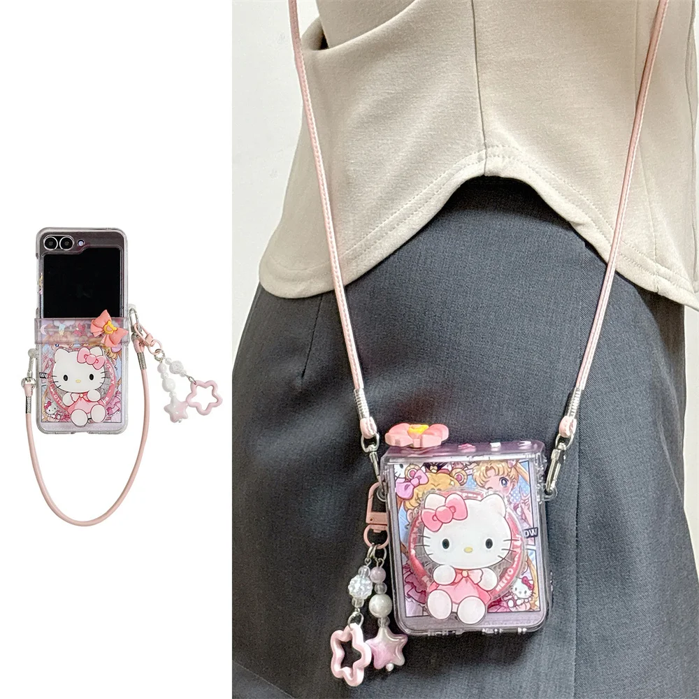 

Kawaii girl cute Hellokitty Magnetic Stand phone case for Samsung Galaxy Z Flip5 Flip7 Flip6 7FE crossbody cute protective cover