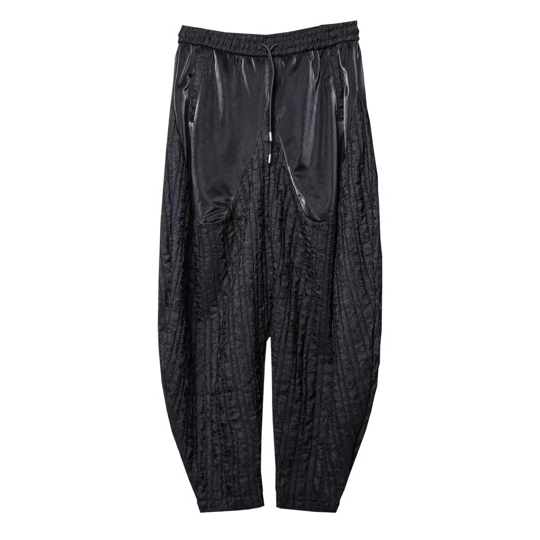 2025 الرجال سراويلي حريمي ركض بنطلون الصيف فضفاض كول السراويل السوداء المرقعة تصميم مرونة الخصر الشارع الشهير بانت