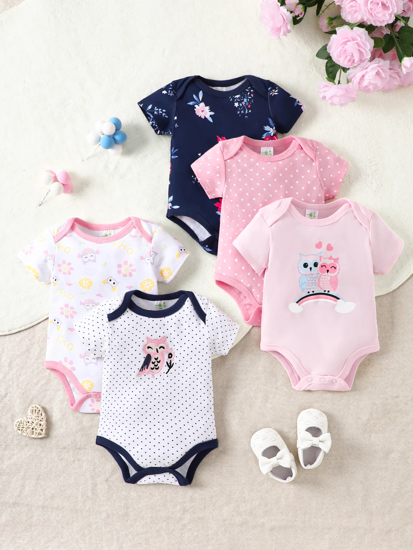 5PCS Spring/Summer New Baby Cotton jumpsuit Fashionable Cute Cartoon Unicorn Series Set for Boys Girls Short sleeved jumpsuit