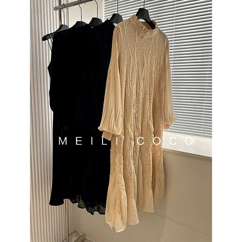 YUDX 2024 Autumn New Pleated Slim Solid Color Women\'s Dresses Fashion Design Long Sleeve Standing Collar Long Dresses