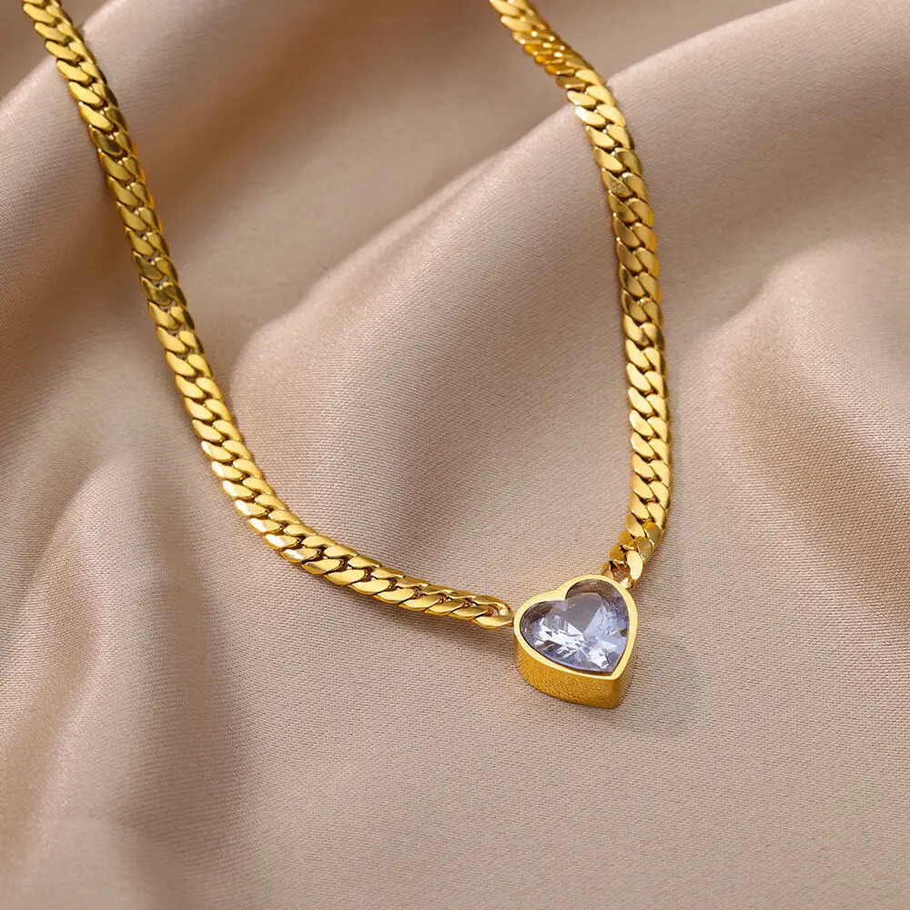 Stainless Steel Heart-Shaped Green White Crystal Pendant Necklace Bracelet For Women Fashion Jewelry Set Party Gift