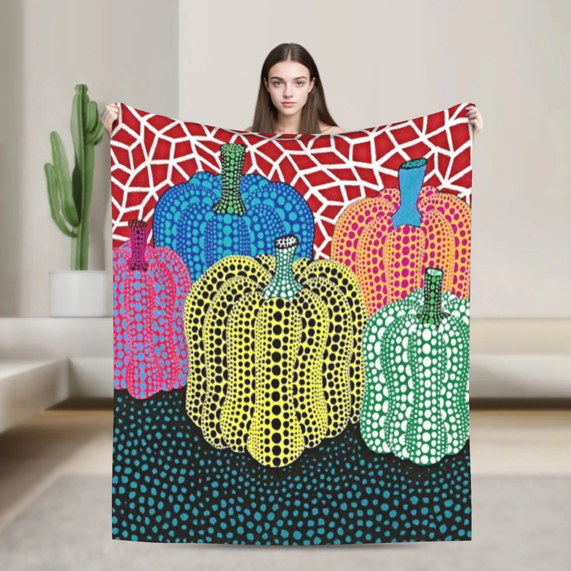 Pumpkin Yayoi Kusama Knitted Blankets Flannel Art Abstract Polka RIP Lightweight Throw Blanket for Outdoor Travel Bed Rug