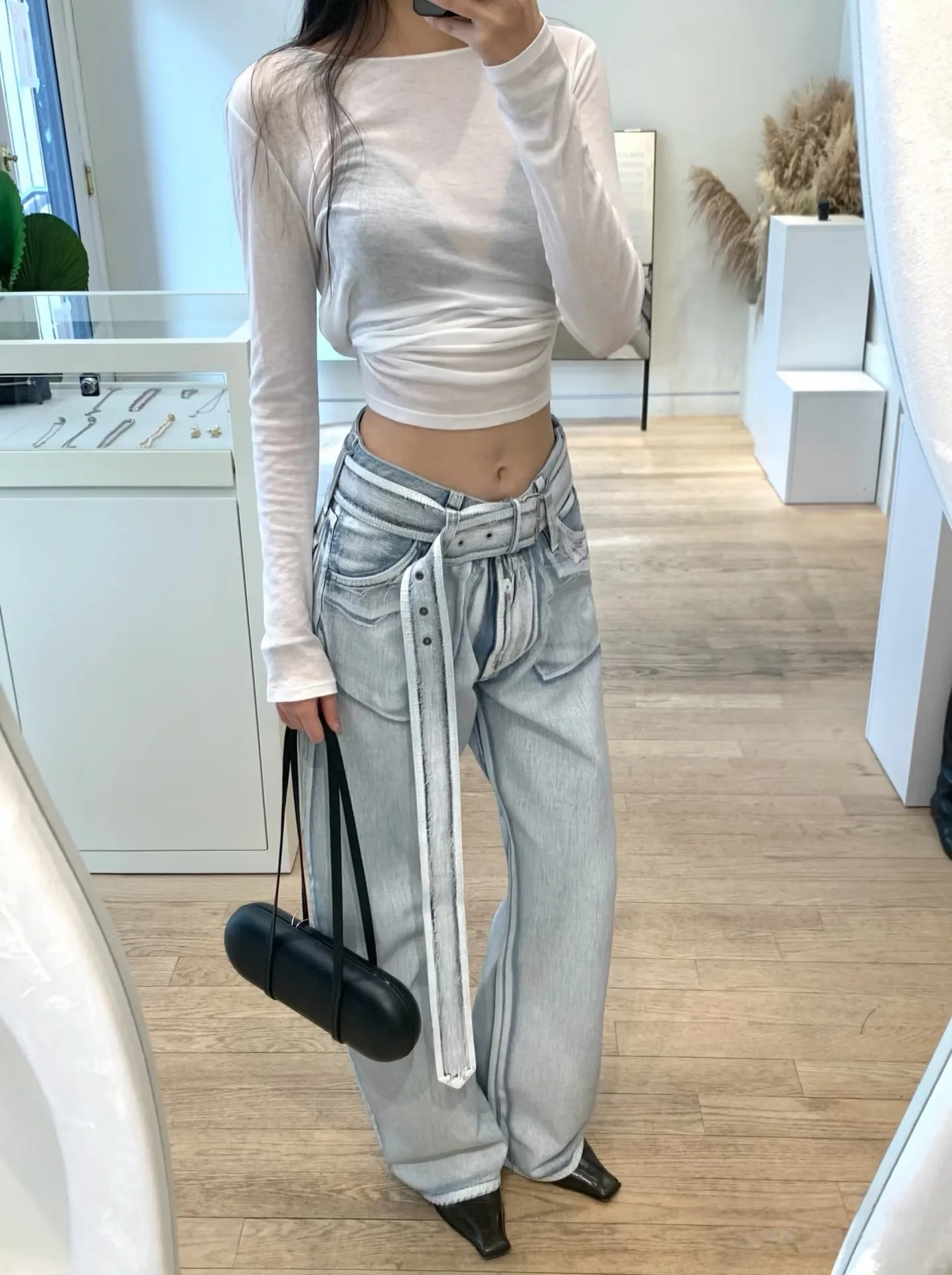 2026 Spring New American Y2K Spice Vintage Coated Washed Denim Wide Leg Pants with Wide Belt