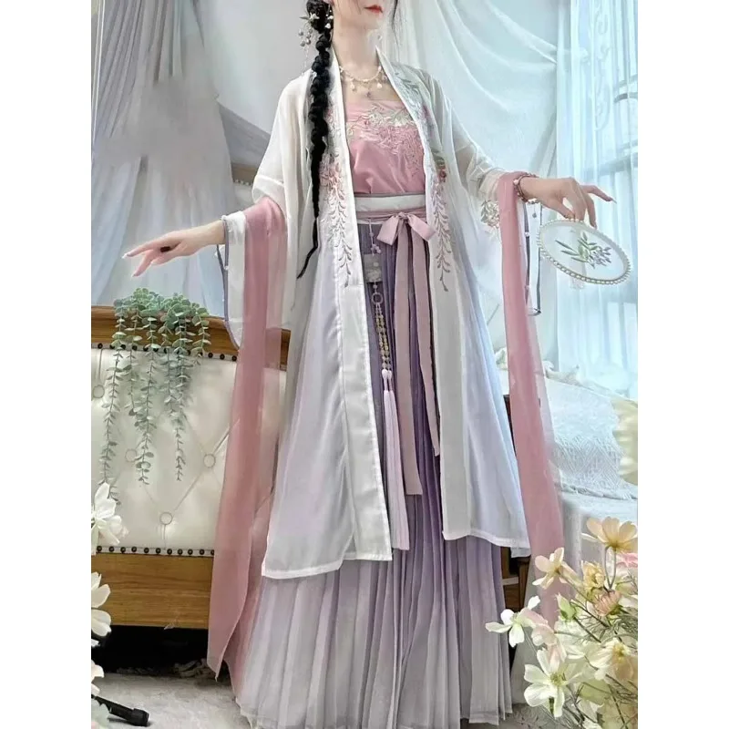 

Women's Traditional Chinese Hanfu, Embroidered Gradient Chiffon Long Robe with Camisole & Skirt, Elegant Ancient Chinese Costume