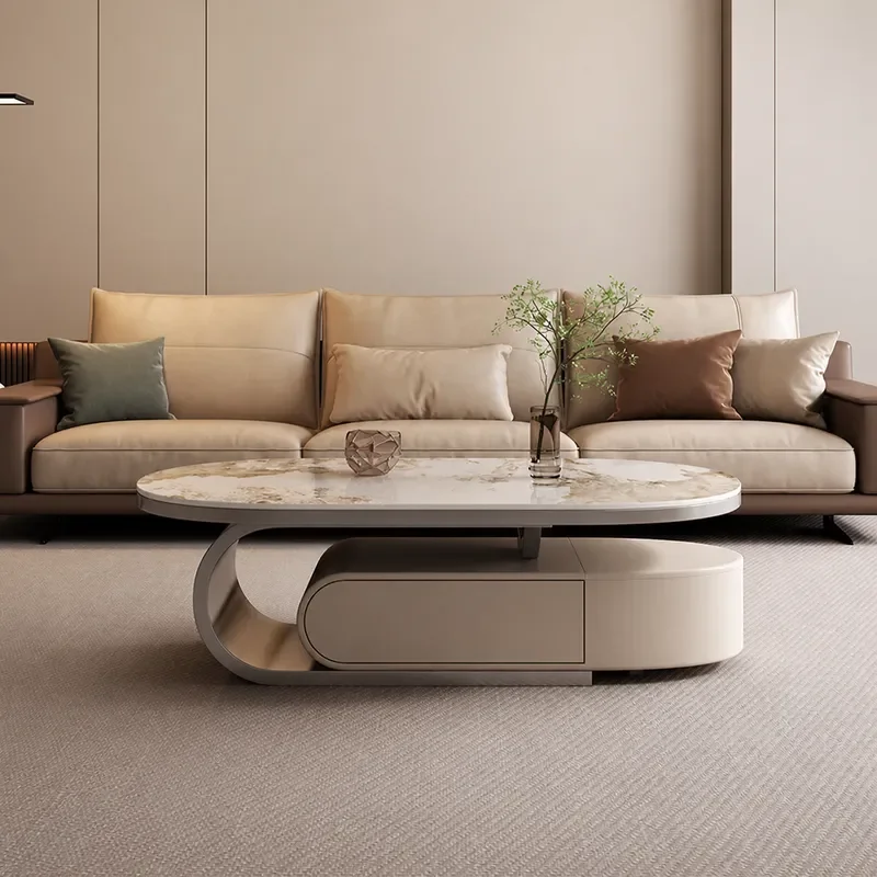 Oval Sintered Stone Coffee Table with Storage Modern Minimalist Living Room Furniture for Small Apartment Home Decor