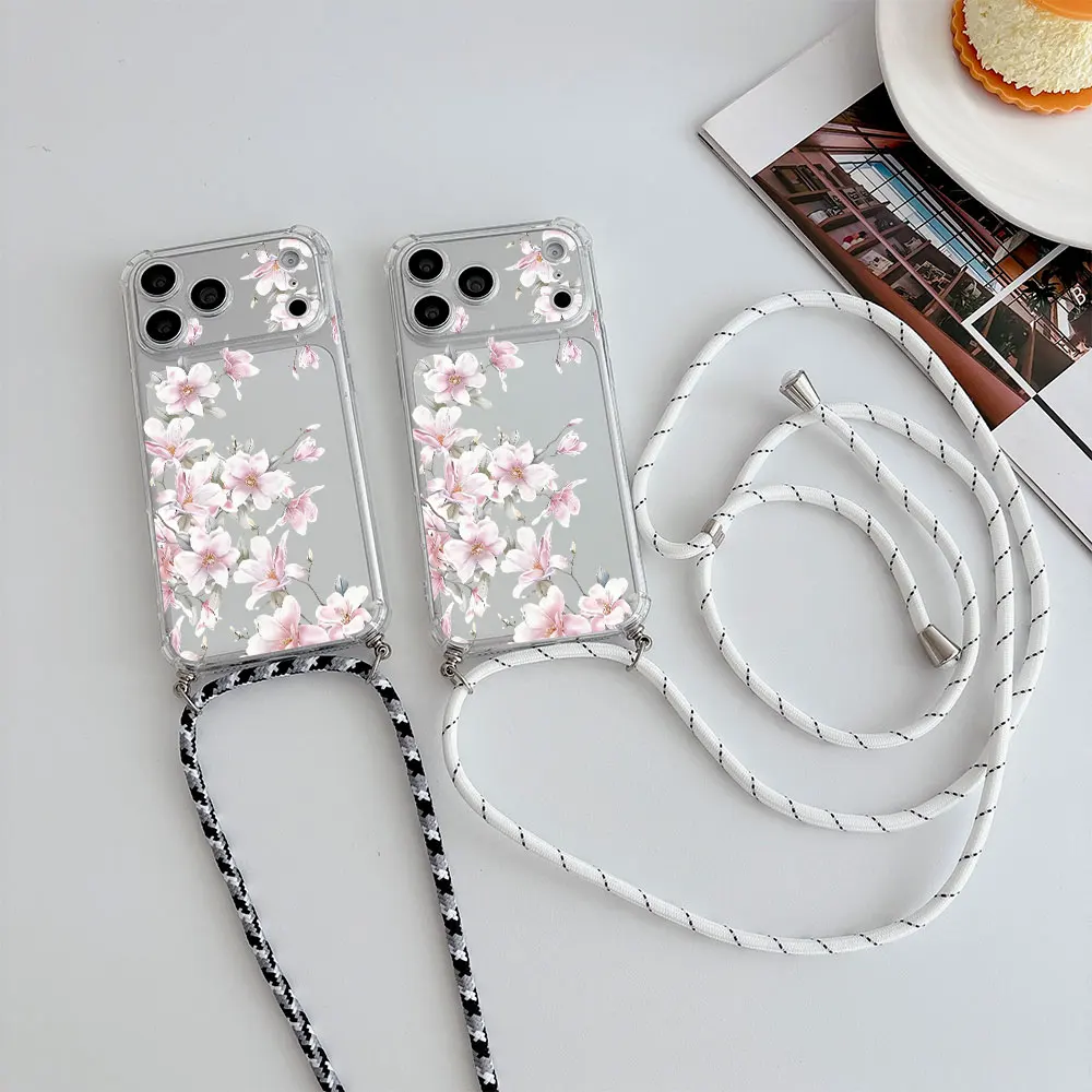 For iPhone 13 12 17 16 15 14 11 Pro XS Max 7 8 Plus 16e 17e Air SE 2022 New Pattern Crossbody Lanyard Clear Anti Fall Phone Case