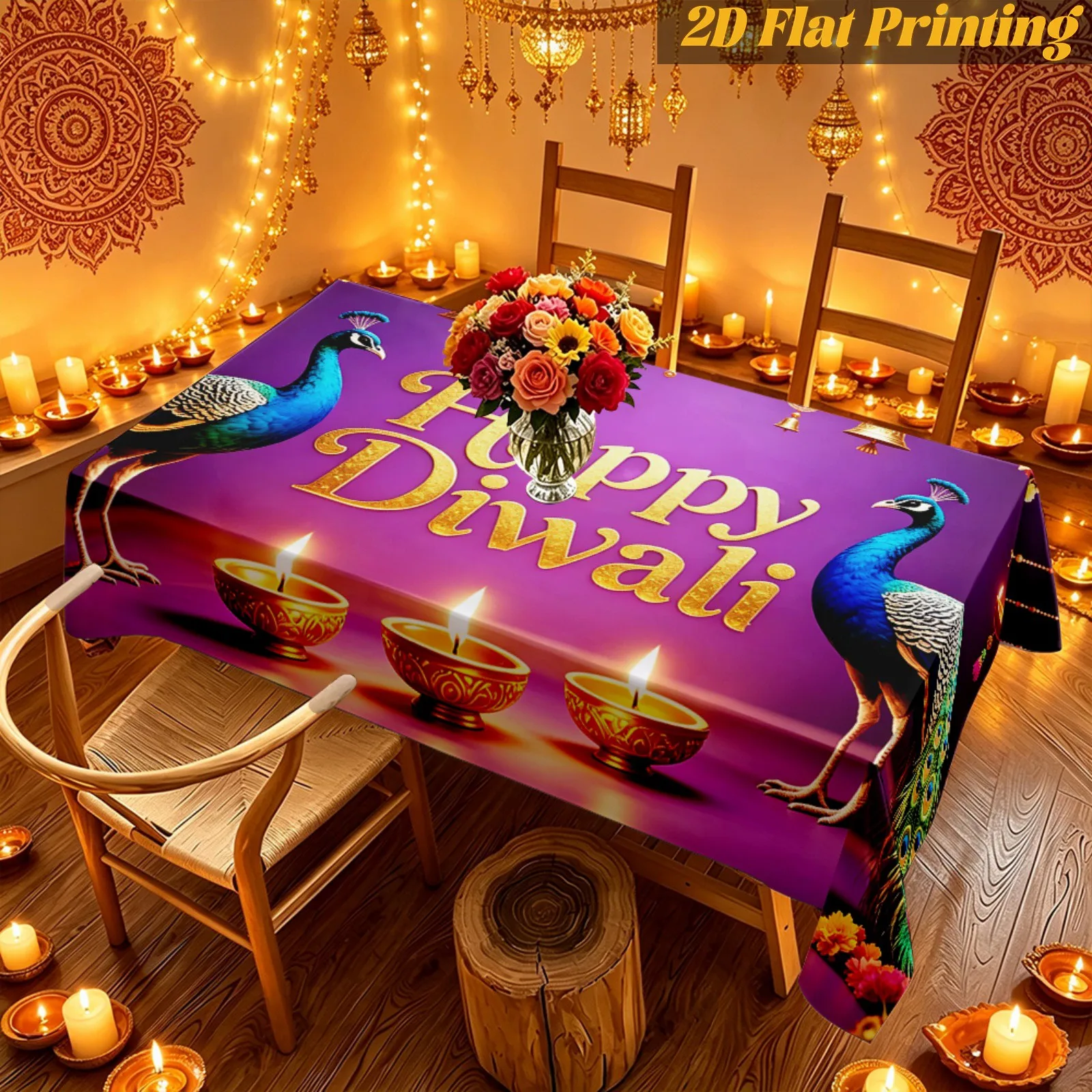 Happy Diwali Lamp Peacock Rectangle Tablecloth for Table Decor Reusable Kitchen Dining Tablecloth Indian Diwali Decorations
