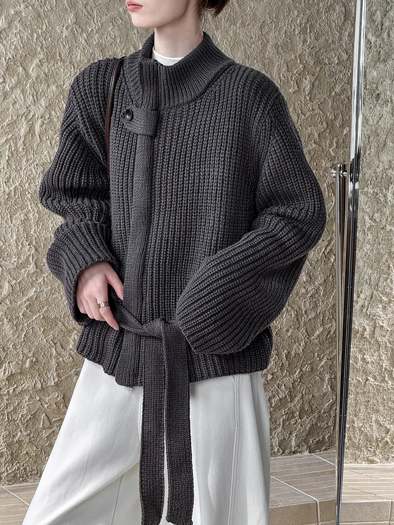 LIMO Autumn Winter Acrylic Knitted Sweater Women Fashion with Belt Waistband Elegant Office Work Wear Casual Date Night Outfit